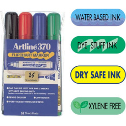 Flipchart marker ARTLINE 370 - Dry safe ink, corp plastic, varf rotund 2.0mm, 4 culori/set