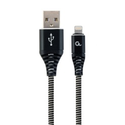 CABLU alimentare si date GEMBIRD, pt. smartphone, USB 2.0 (T) la Lightning (T), 1m, premium, cablu cu impletire din bumbac, negru cu insertii albe, "CC-USB2B-AMLM-1M-BW" (timbru verde 0.08 lei)