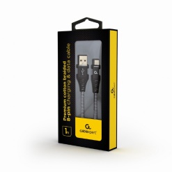 Alternative view of CABLU alimentare si date GEMBIRD, pt. smartphone, USB 2.0 (T) la Lightning (T), 1m, premium, cablu cu impletire din bumbac, negru cu insertii albe, "CC-USB2B-AMLM-1M-BW" (timbru verde 0.08 lei)