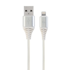CABLU alimentare si date GEMBIRD, pt. smartphone, USB 2.0 (T) la Lightning (T), 1m, premium, cablu cu impletire din bumbac, alb cu conectori argintii, "CC-USB2B-AMLM-1M-BW2" (timbru verde 0.08 lei)