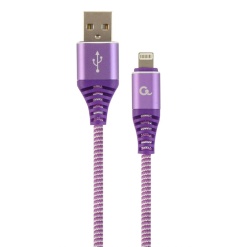CABLU alimentare si date GEMBIRD, pt. smartphone, USB 2.0 (T) la Lightning (T), 2m, premium, cablu cu impletire din bumbac, mov cu insertii albe, "CC-USB2B-AMLM-2M-PW" (timbru verde 0.08 lei)