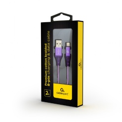 Alternative view of CABLU alimentare si date GEMBIRD, pt. smartphone, USB 2.0 (T) la Lightning (T), 2m, premium, cablu cu impletire din bumbac, mov cu insertii albe, "CC-USB2B-AMLM-2M-PW" (timbru verde 0.08 lei)