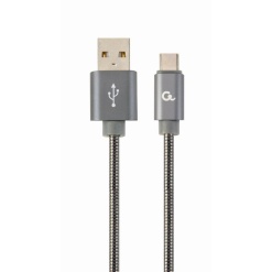 CABLU alimentare si date GEMBIRD, pt. smartphone, USB 2.0 (T) la USB 2.0 Type-C (T), 2m, premium, impletire din bumbac, gri-metalizat cu insertii albe, "CC-USB2S-AMCM-2M-BG" (timbru verde 0.08 lei)