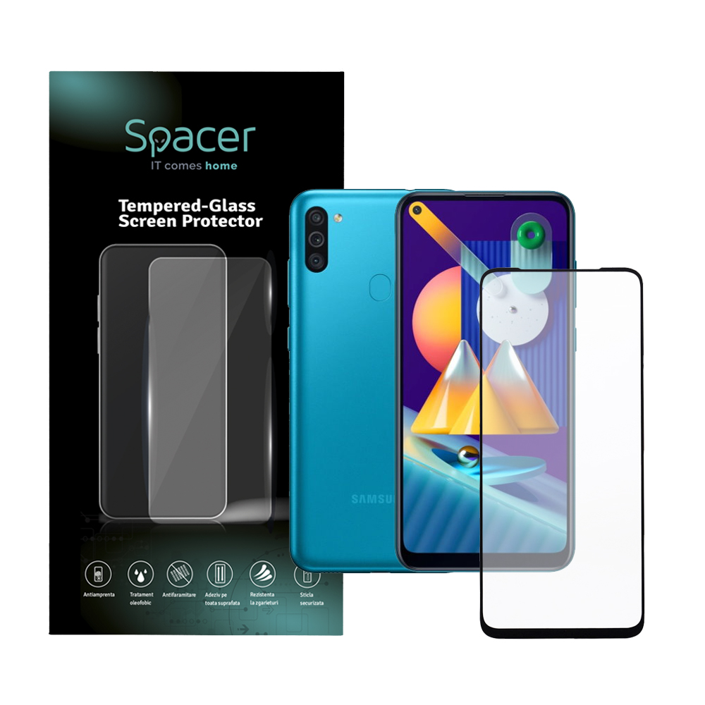 FOLIE STICLA Spacer pentru Samsung Galaxy M11, grosime 0.3mm, acoperire totala ecran, strat special anti-ulei si anti-amprenta, Tempered Glass, sticla 9D, duritate 9H "SPPG-SM-GX-M11-TG"