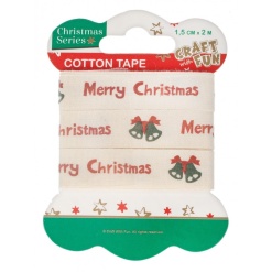 Banda decorativa - Merry Christmas, 1.5cm x 2m, bumbac, alb, Craft with Fun, Cotton Tape