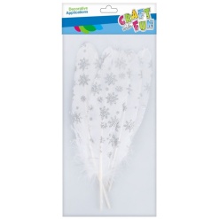 Accesorii creatie - pene, alb, 18-20cm, cu stelute argintii, set 6 buc, Craft with Fun, 463655