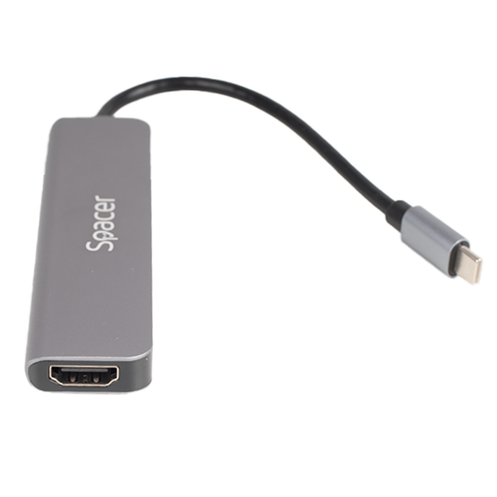DOCKING Station Spacer universal 6 in 1, conectare Type-C, USB 3.0 x 2 |PD 3.0 x 1 (87W), porturi video HDTV x 1, 4K (30Hz),SD card x 1, TF (MicroSD card) x 1, gri, Aluminiu, "SPDS-TypeC-HUPS-6in1" (timbru verde 0.18 lei) - imagine 2