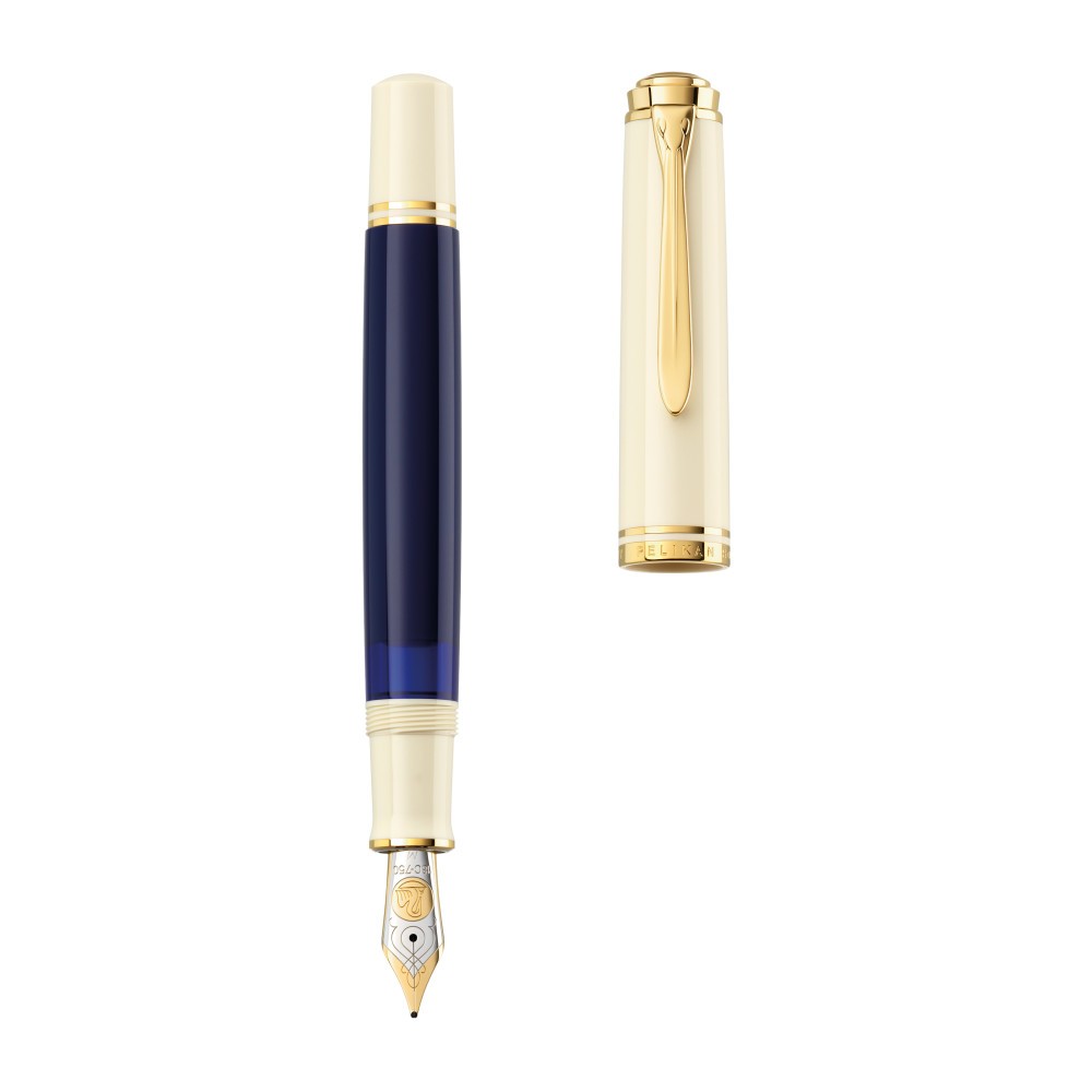 STILOU SOUVERAN M800 F CREAM BLUE PENITA AUR 18K+ACCESORII PLACATE AUR ALB-ALBASTRU CUTIE CADOU
