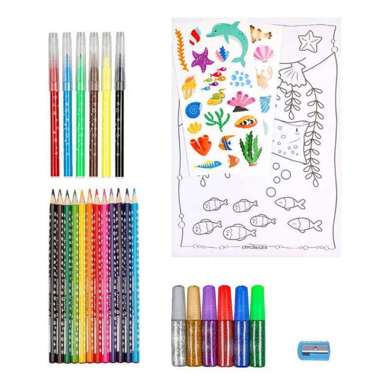 Set coloriaj Keyroad Ocean KR972879, 12x creioane colorate, 6x carioci, 10x coli A4, 36x stickere, 6x lipici, ascutitoare - imagine 3