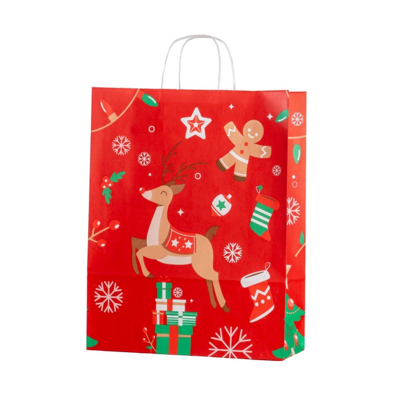 Punga cadou Craciun Colorarte 24401, A3, 32x41x12cm, 100g/mp, rosie, manere din hartie rasucita, motive de Craciun