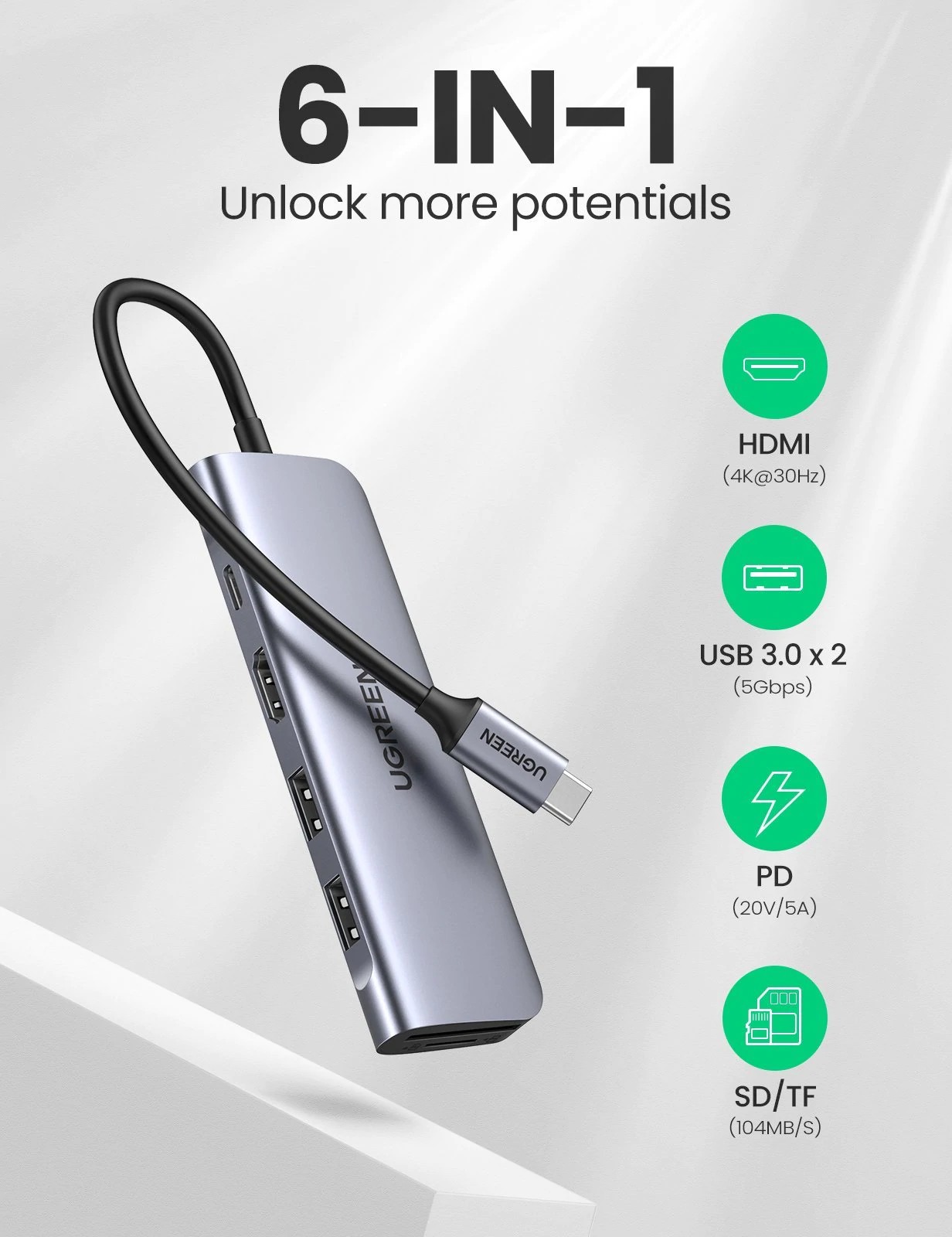 DOCKING Station Ugreen, "CM195" conectare PC USB Type-C, USB 3.0 x 2|HDMI x 1/4K/30Hz|Card reader x 1|USB Type C x 1 PD 100W, aluminiu, gri "70411" (timbru verde 0.8 lei) - 6957303874118 - imagine 2