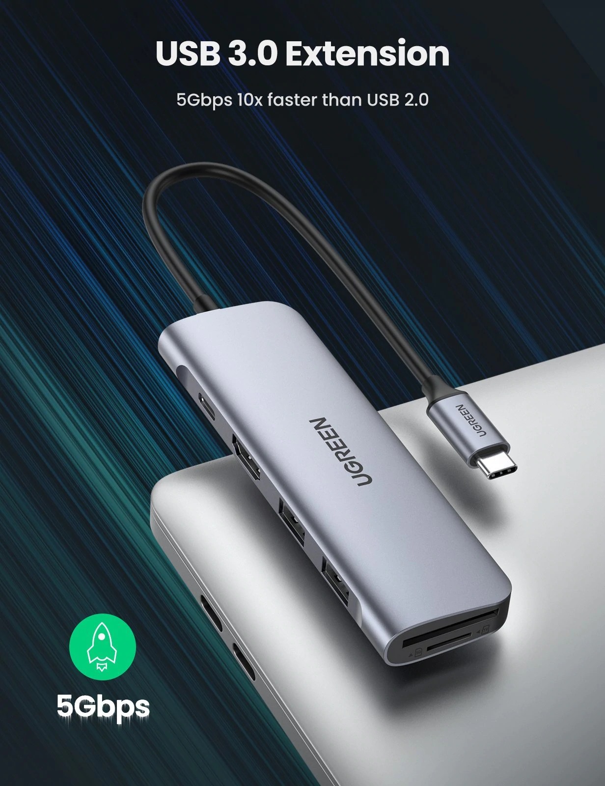 DOCKING Station Ugreen, "CM195" conectare PC USB Type-C, USB 3.0 x 2|HDMI x 1/4K/30Hz|Card reader x 1|USB Type C x 1 PD 100W, aluminiu, gri "70411" (timbru verde 0.8 lei) - 6957303874118 - imagine 4