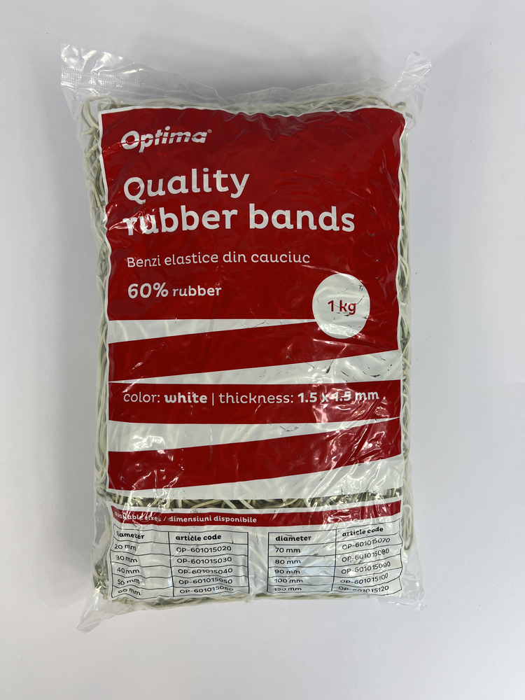 Elastice pentru bani, 60% cauciuc, 1kg/punga, D 60, grosime 1.5mm x 1.5mm, Optima - albe