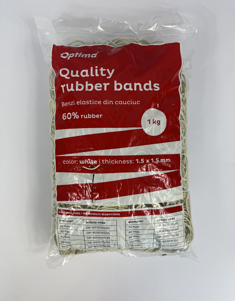 Elastice pentru bani, 60% cauciuc, 1kg/punga, D 70, grosime 1.5mm x 1.5mm, Optima - albe