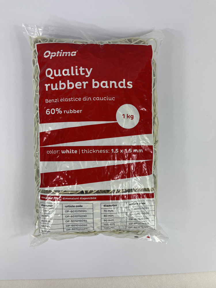 Elastice pentru bani, 60% cauciuc, 1kg/punga, D 90, grosime 1.5mm x 1.5mm, Optima - albe