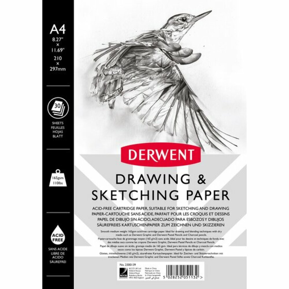 Caiet pentru schite si desen DERWENT Professional, A4, cu spira, 30 coli, 165gsm, hartie alba - imagine 2