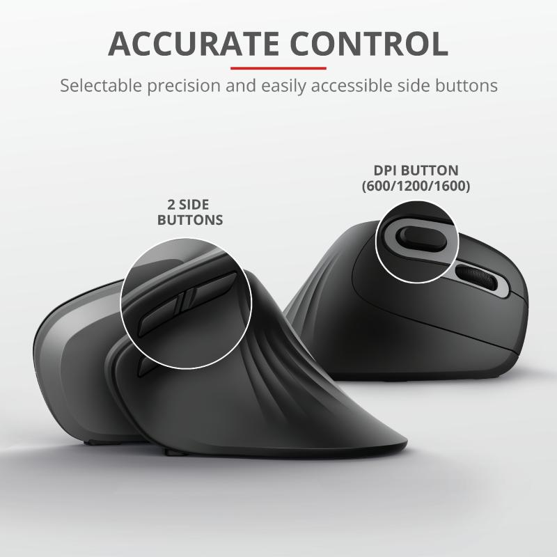 MOUSE TRUST, "Verro Ergonomic", PC sau NB, wireless, 2.4GHz, optic, 1600 dpi, butoane/scroll 6/1, buton selectare viteza, negru, "TR-23507" (timbru verde 0.18 lei) - imagine 3