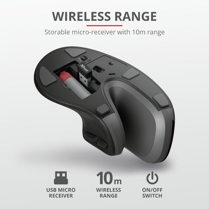 MOUSE TRUST, "Verro Ergonomic", PC sau NB, wireless, 2.4GHz, optic, 1600 dpi, butoane/scroll 6/1, buton selectare viteza, negru, "TR-23507" (timbru verde 0.18 lei) - imagine 5