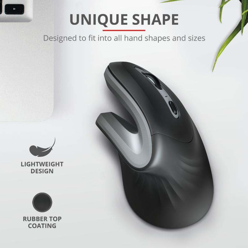 MOUSE TRUST, "Verro Ergonomic", PC sau NB, wireless, 2.4GHz, optic, 1600 dpi, butoane/scroll 6/1, buton selectare viteza, negru, "TR-23507" (timbru verde 0.18 lei)