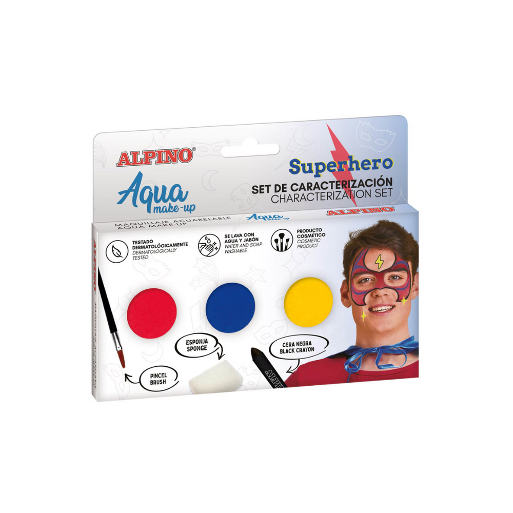 Set Alpino Aqua Make Up - Superhero, 3 culori+pensula si burete machiaj